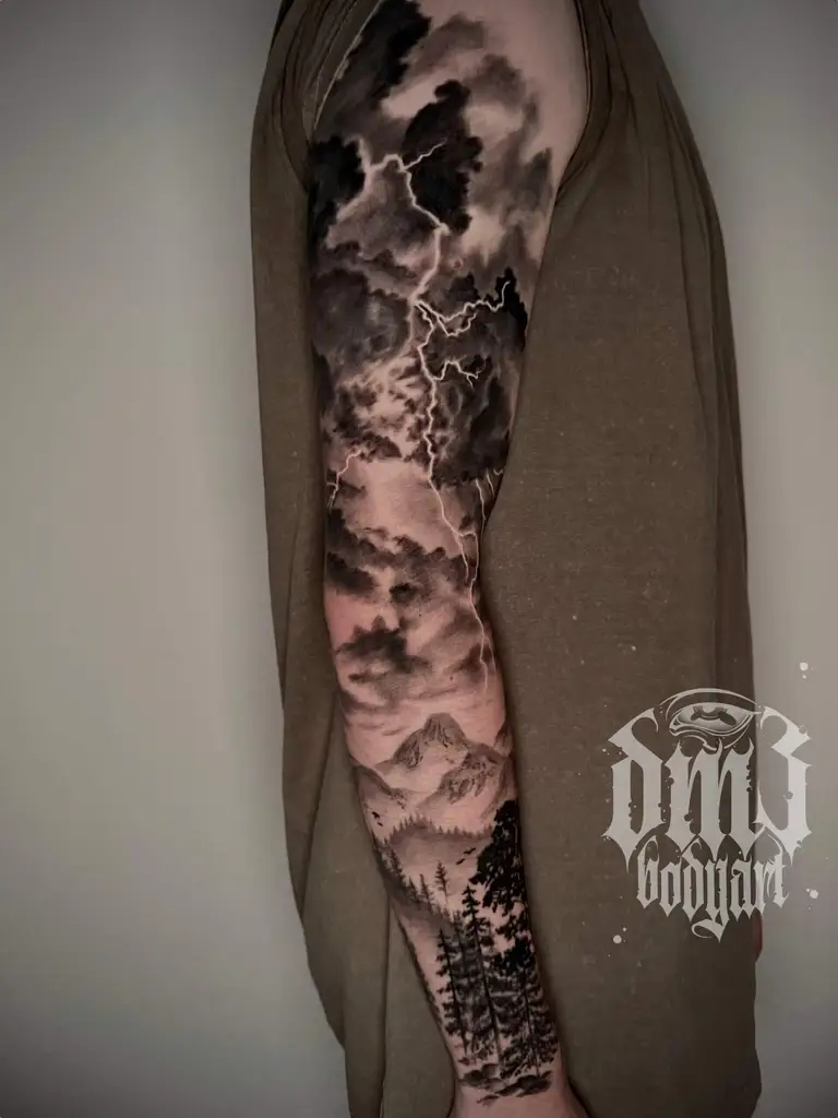 Detailreiches Realistic-Tattoo, mit Blackwork-Elementen, einem Wald, mit See und Berglandschaft, darüber Gewitterwolken mit Blitzen als Arm-Sleeve mit individuellen, kunstvollem Fluss auf dem Körper und starken Kontrasten. Dieses Tattoo wurde in einem professionellen Tattoo-Studio in Würzburg gestochen und zeigt mein Können im Bereich Realistic/Blackwork/Illustratives Design. Ich lege großen Wert auf hochwertige Farben, sterile Arbeitsweise und eine sichere Heilung, damit jedes Tattoo einzigartig und langlebig bleibt.