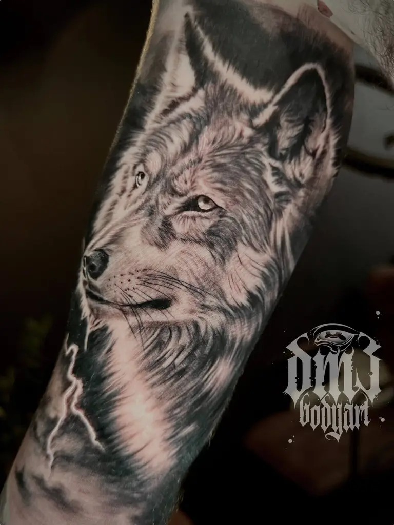 Detailreiches Realistic-Tattoo eines Wolfs als Teil eines Arm-Sleeve mit individuellen, kunstvollem Fluss auf dem Körper und starken Kontrasten. Dieses Tattoo wurde in einem professionellen Tattoo-Studio in Würzburg gestochen und zeigt mein Können im Bereich Realistic/Blackwork/Illustratives Design. Ich lege großen Wert auf hochwertige Farben, sterile Arbeitsweise und eine sichere Heilung, damit jedes Tattoo einzigartig und langlebig bleibt.