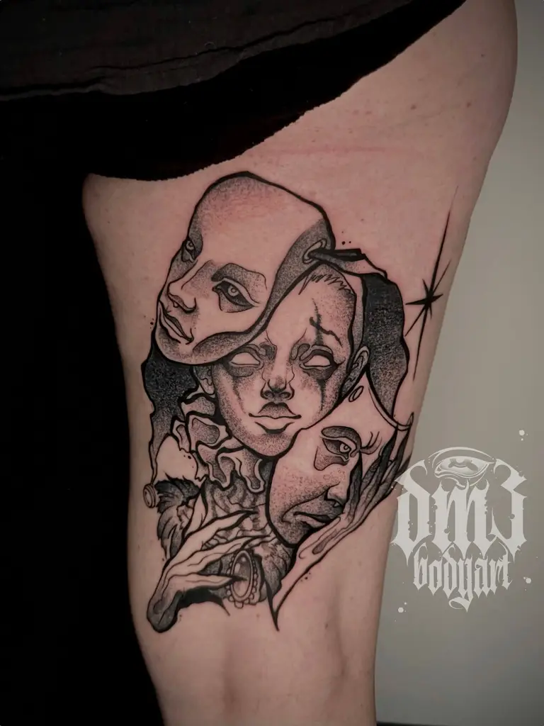 Detailreiches Black and Grey Tattoo mit Blackwork Tattoo Elementen zweier düsterer Theatermasken und einer Harlequin auf dem Oberschenkel, gestochen im DM3 Bodyart Studio in Würzburg. Feine Linien, präzise Schattierungen und individueller illustrativer Stil im Dark-Art Look. Custom Tattoo mit einzigartigem Design für Tattoo-Liebhaber, die hochwertige Körperkunst suchen. Professionelles Tattoo-Studio in Würzburg – spezialisiert auf Blackwork, Dark-Art und illustrative Tattoos.