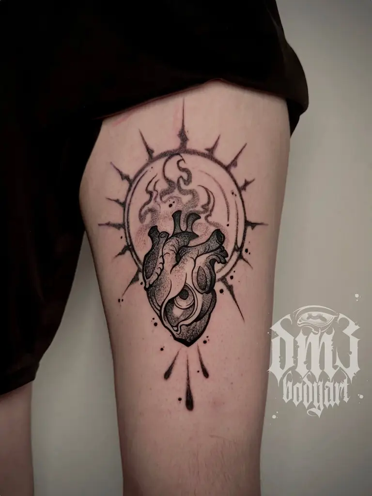 Detailreiches Illustrative Black and Grey Tattoo eines anatomischen Herzens mit integriertem Auge, Heiligenschein und Tropfen auf dem Oberschenkel, gestochen im DM3 Bodyart Studio in Würzburg. Präzise Schattierungen und detaillierte Linienarbeit im illustrativen Stil. Individuelles Custom Tattoo für eine einzigartige Körperkunst. Professionelles Tattoo-Studio in Würzburg – spezialisiert auf hochwertige Blackwork und illustrative Tattoos.